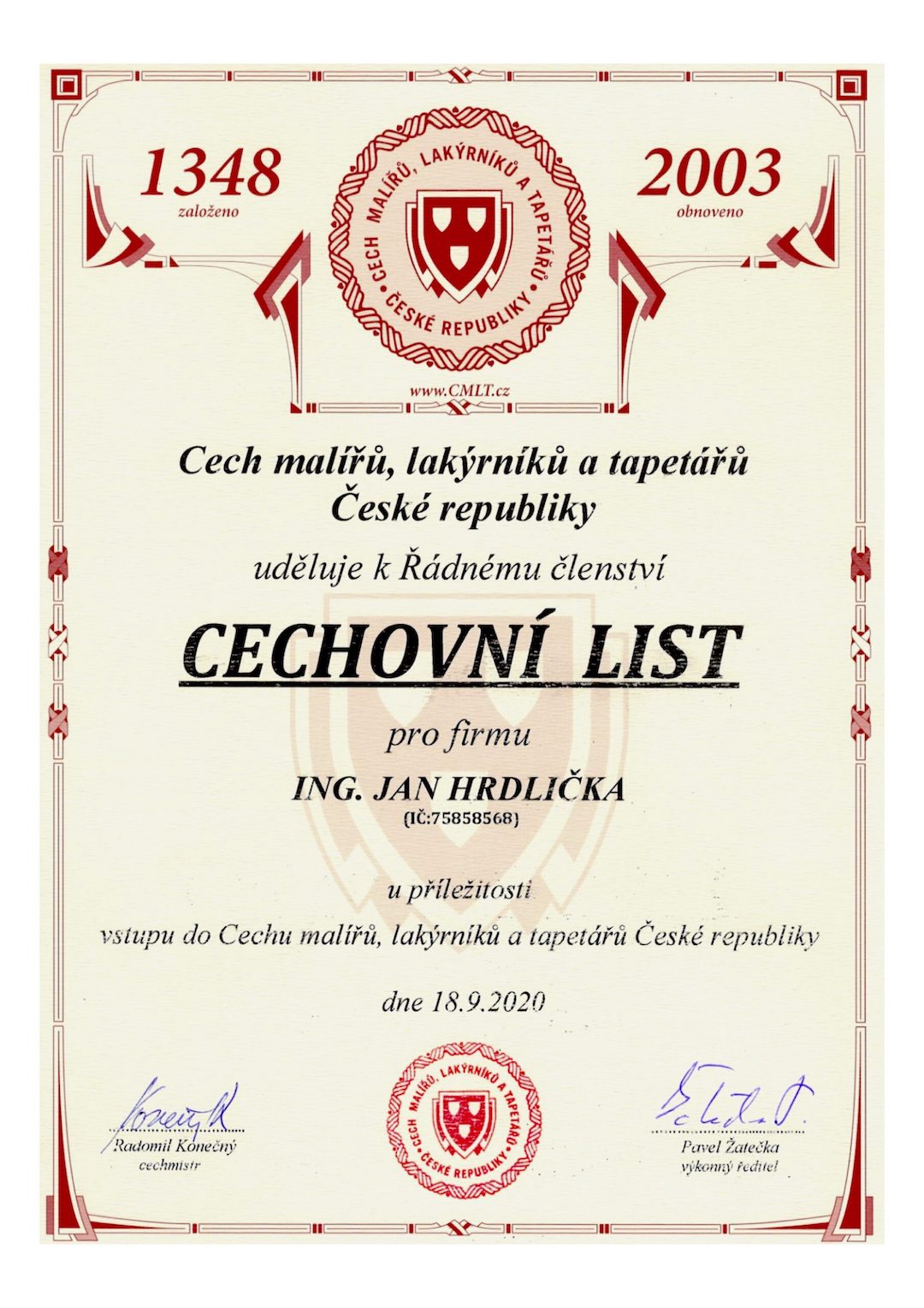 Certifikace Cechu malířů ČR